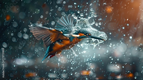 The flight and peck of an imaginary bird over the waters. The combination of the water drops and the bird brings out the simplicity of the pond. photo