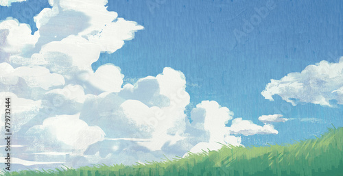 入道雲、青空、芝生…爽やかな夏の風景の手描きイラスト photo