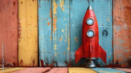 A red rocket toy stands tall on a colorful wooden background. Ready to take off into the sky, inspiring children to dream big and reach for the stars.