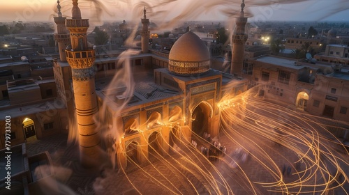 A magical and fantastical concept of what an ancient Arab civilization would have been like in the Great Mosque of Samarra, top angle, evening with light trails photo