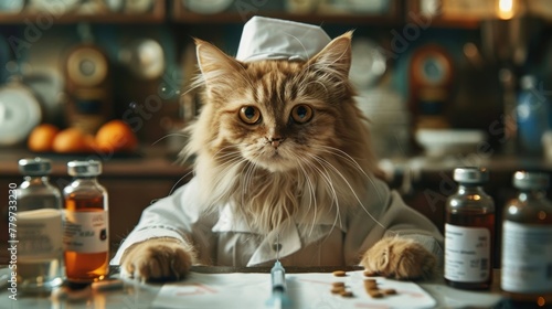 Curious Cat Nurse Holding Syringe in Laboratory Setting