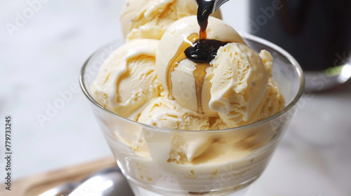 An affogato dessert with a rich, velvety espresso poured over creamy vanilla ice cream, super realistic photo