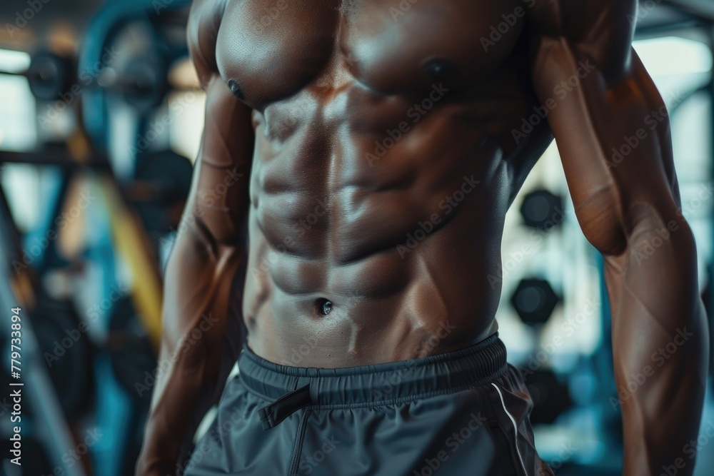 Fototapeta premium Close-up of the abdominal muscles young athlete in gym