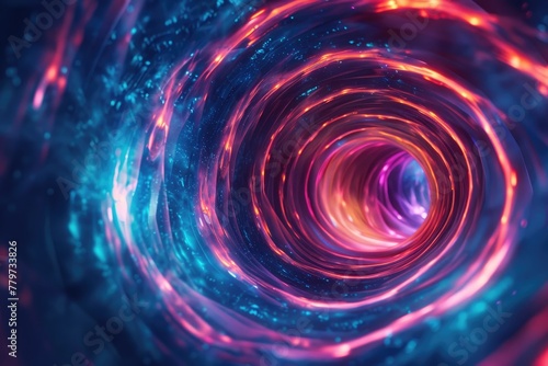 Neon blue and purple red light swirling in the middle of abstract shapes, black hole