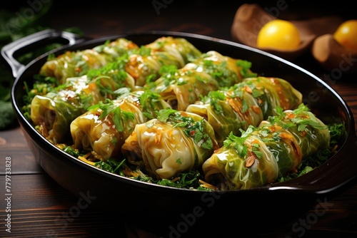 Baking dish with uncooked cabbage rolls on wooden background. © Lubos Chlubny