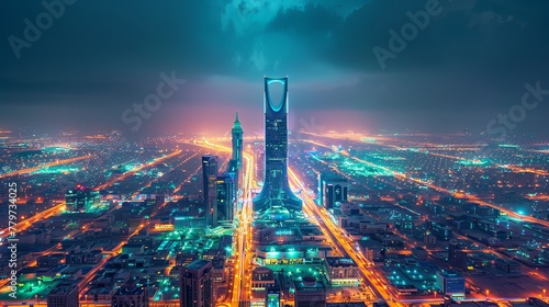 Al Mamlaka Kingdom Tower, Riyadh, Saudi Arabia with its enchanting sparkle. Skyscraper at Night photo