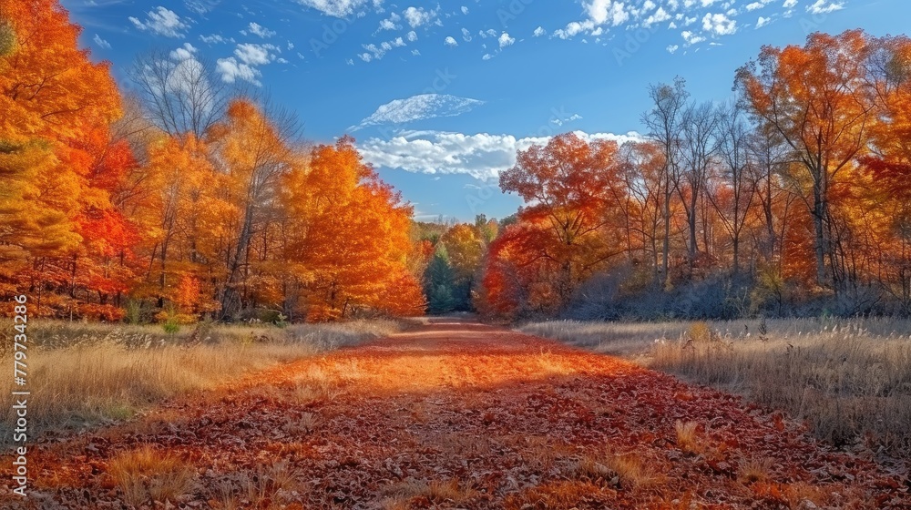 The fall foliage is a sight to behold, with the trees ablaze in color.