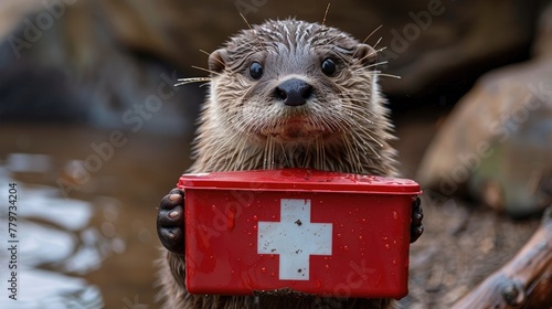 Caring Otter Nurse Administering First Aid in Natural Habitat