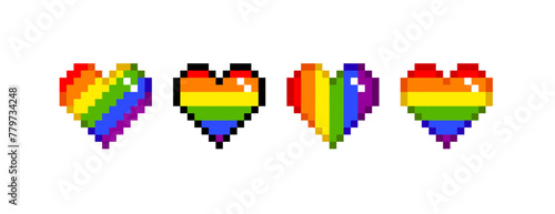 Vector Rainbow Pixel Heart icon collection. LGBTQ community heart symbols and signs in retro 8-bit game style. Gay Pride and LGBT rainvow badge and sticker design