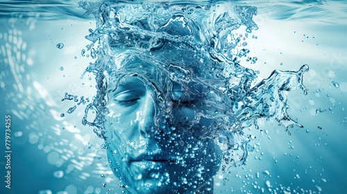Human head and blue water, hydration and thirst quenching. Abstract background of human mental health. Generative AI
