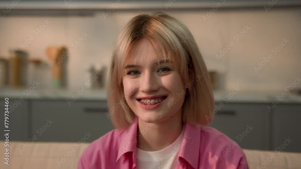 Portrait Caucasian teen girl woman female homeowner lady at new rental home real estate apartment mortgage loan credit insurance smiling happy moving day smile toothy teeth braces dental health laugh Portrait Caucasian teen girl woman female homeowner lady at new rental home real estate apartment mortgage loan credit insurance smiling happy moving day smile toothy teeth braces dental health laugh