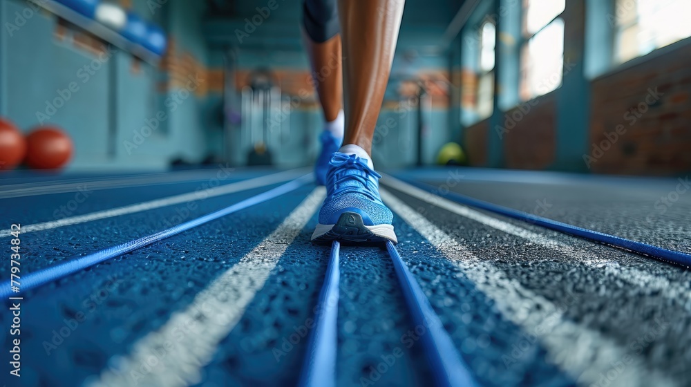 Fototapeta premium A person using a resistance band in a fitness studio.