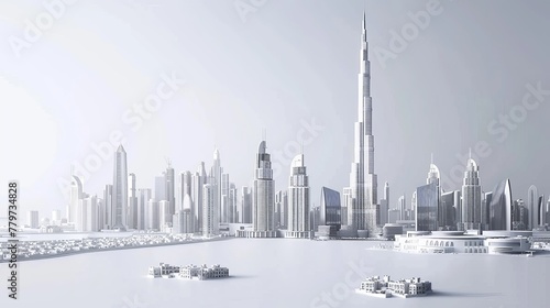 minimalistic slant top view of dubai including burj khalifa, plain white background