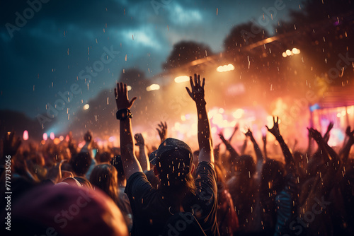 Concert and music festival background with hands raised and party people.	
