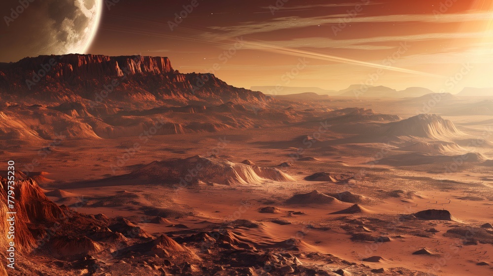 Martian landscape. Mountain, rocks and sky on Mars planet