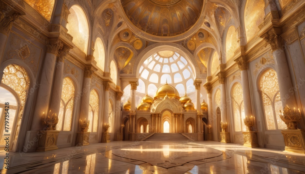 The golden glow of sunlight bathes an opulent palace interior, highlighting intricate architectural details and an atmosphere of royal elegance.. AI Generation