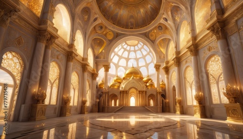 The golden glow of sunlight bathes an opulent palace interior, highlighting intricate architectural details and an atmosphere of royal elegance.. AI Generation