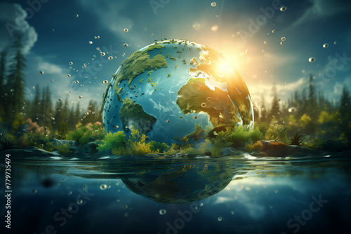 Illustration of a thriving planet Earth with a lot of greenery and foliage.	 #779735474