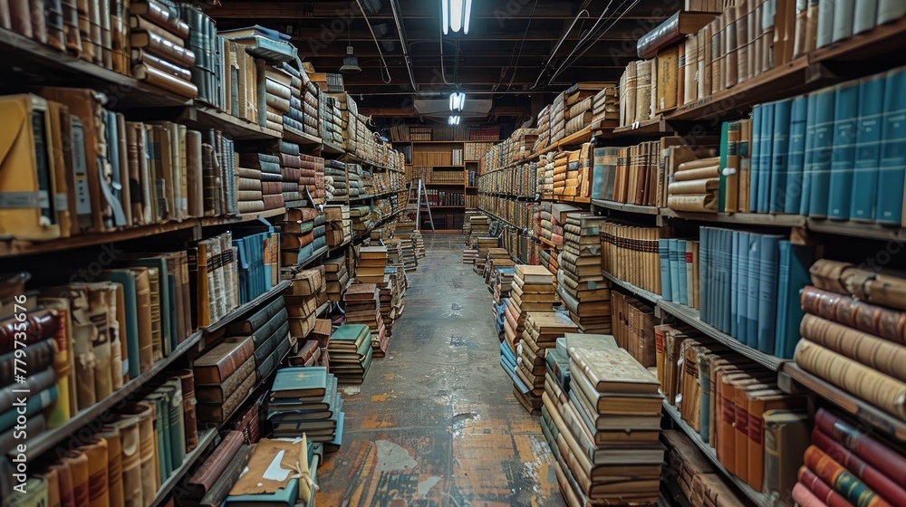 Obraz premium The walls are lined with shelves filled with books and binders.