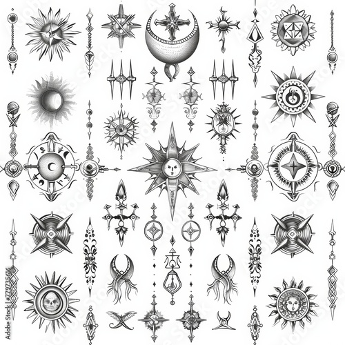 Repeating pattern of arcane sigils, charms or mystical motifs tattoo design photo