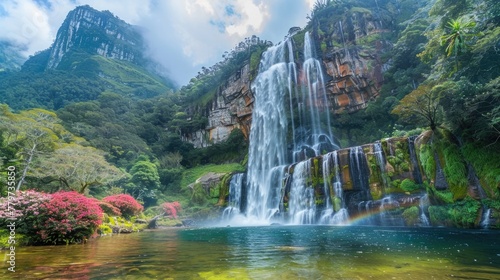 Mesmerizing Waterfall Cascading into a Captivating Rainbow Oasis in a Lush Tropical Paradise