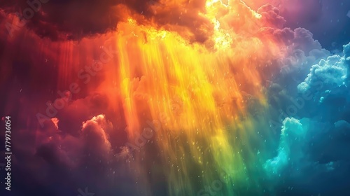 Ethereal Cloudscape Pouring Vibrant Rainbow Hued Rainfall from Dramatic Stormy Skies