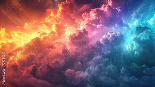 Ethereal Storm of Vibrant Rainbow Clouds Pouring Celestial Precipitation