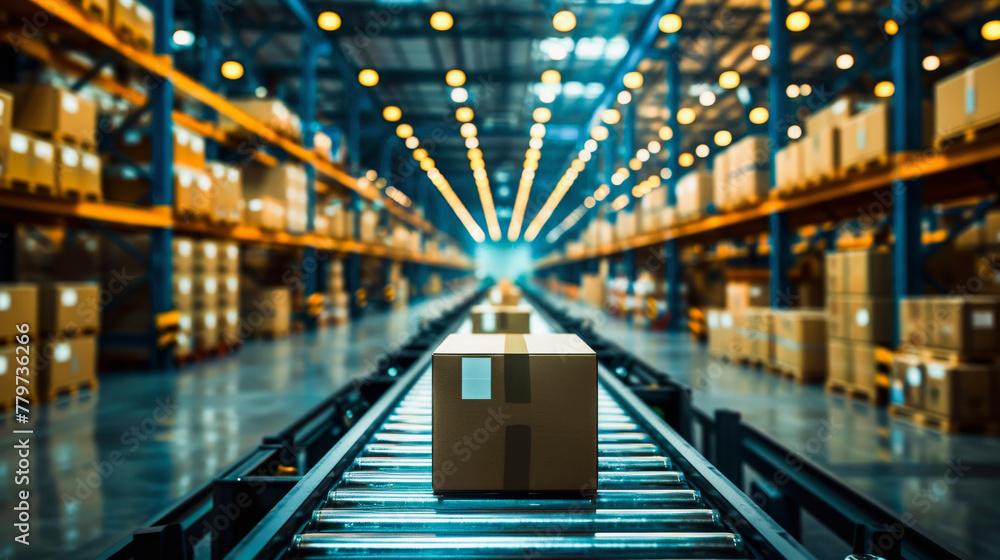 Obraz premium A package on a conveyor belt in a modern warehouse with shelves stocked with goods and bright ceiling lights.