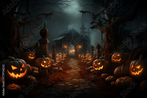 Generative Ai of Spooky Halloween events, witches and jack-o-lanterns.
