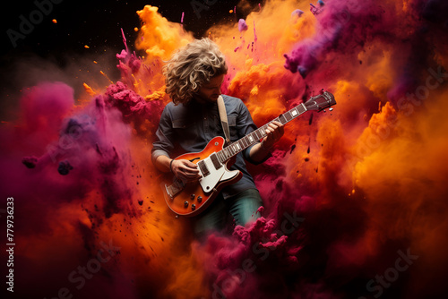 Generative Ai of a guitarist and a splash of a colors. 