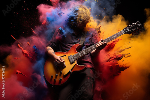 Generative Ai of a guitarist and a splash of a colors. 