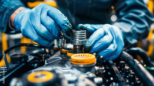 A person wearing gloves is working on a vehicle engine, specifically handling a spark plug. © Na-No Photos