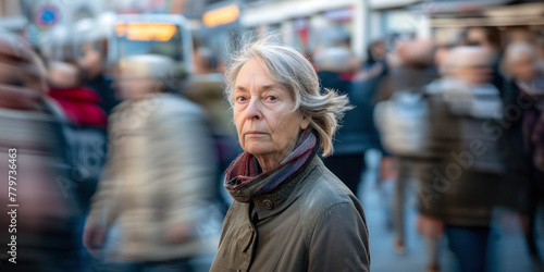 A senior woman with a scarf, in focus against a backdrop of blurry, moving figures