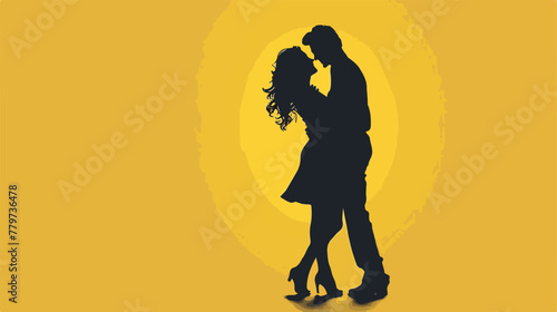 Silhouette of a dancing couple on a yellow background.