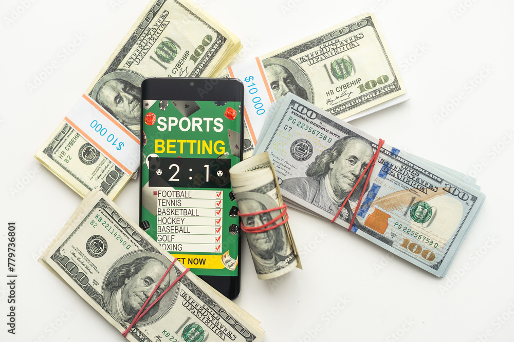 Fototapeta premium Sport betting online banner concept. app online bet on soccer. Mobile phone with soccer field on screen and realistik football ball in front. illustration