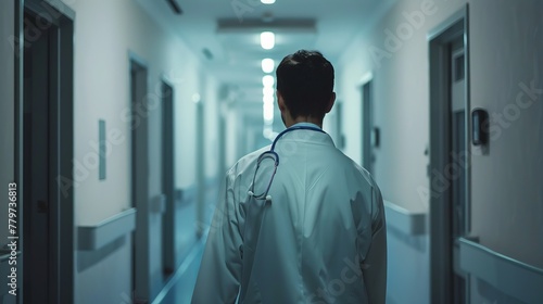 A doctor is seen in a hospital corridor, set against an unfocused background, highlighting the healthcare setting