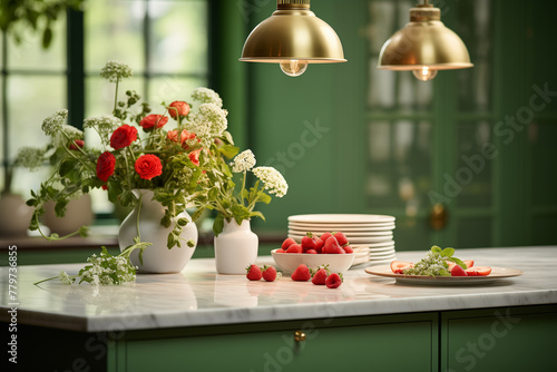 Generative AI of strawberries and vase of red flower in a green kitchen interior. 