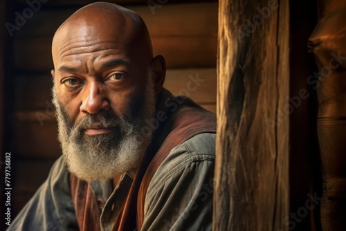 Close up portrait of a bald and bearded African elderly man in a log cabin