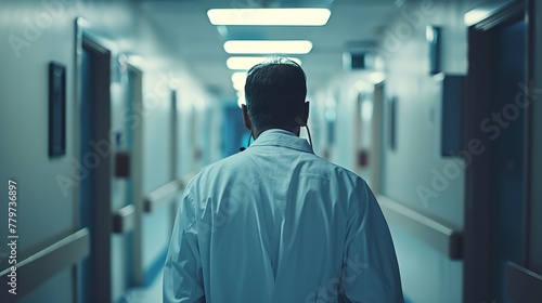 A doctor is seen in a hospital corridor, set against an unfocused background, highlighting the healthcare setting