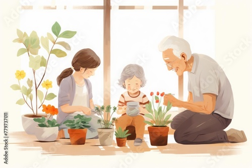 Intergenerational bonding through shared hobbies  featuring grandparents and grandchildren engaged in a simple yet meaningful activity together.