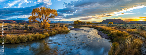 A river with a tree in the foreground and a beautiful sunset in the background © Toey Meaong