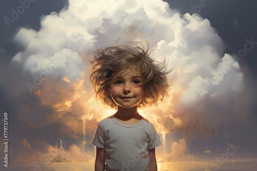Generative ai of a child with the head in the clouds. 