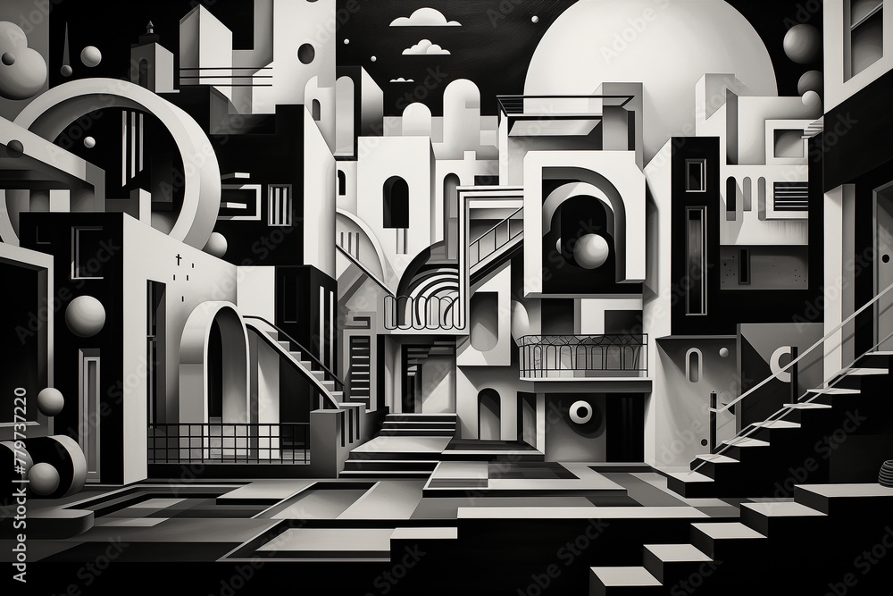 Generative Ai of black and white geometrical shapes Generative Ai of black and white geometrical shapes