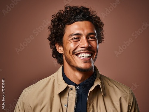 Smiling Man With Curly Hair in Brown Shirt