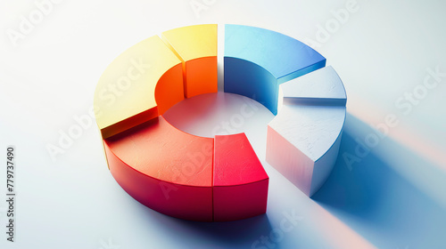 3D pie chart with five colored segments, casting shadow on a light background, illustrating data visualization or statistic concept.