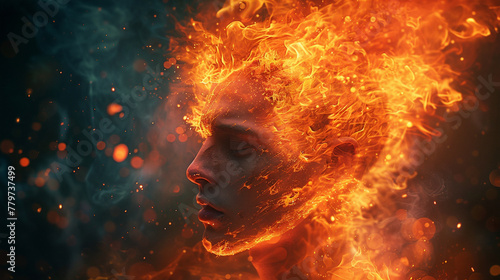 Conceptual image of a person with head exploding in flames, representing anger, stress. photo