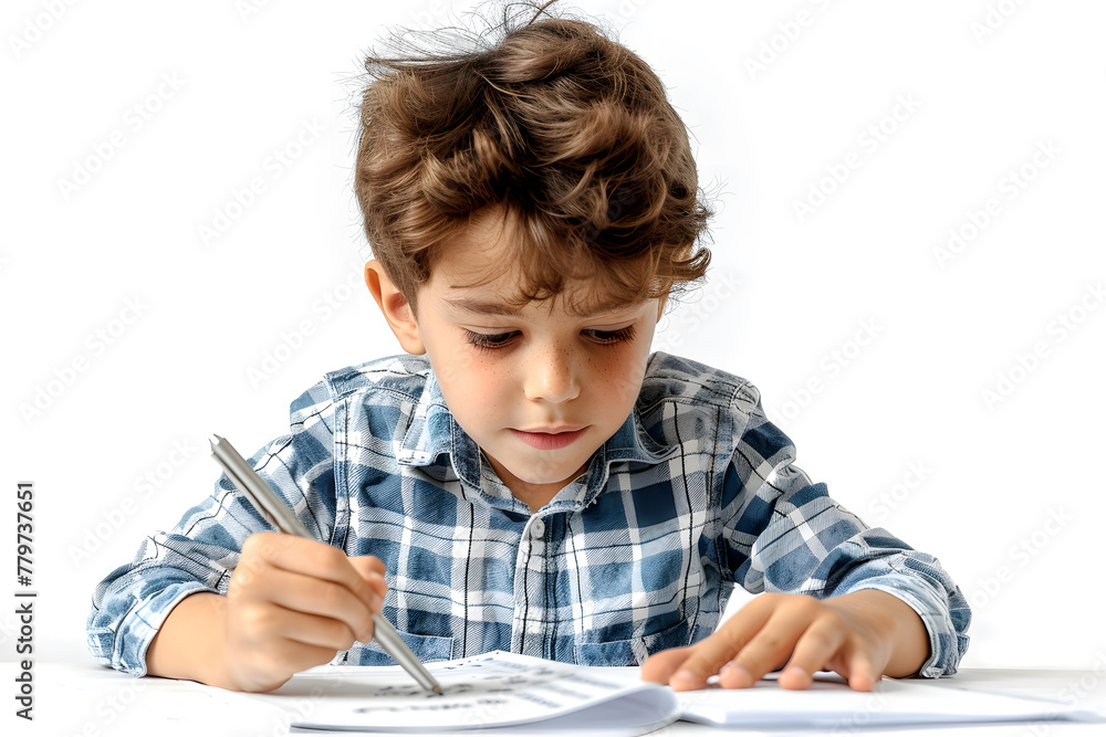 Photo portrait of elementary school boy in eyeglasses diligently writing isolated on white background Photo portrait of elementary school boy in eyeglasses diligently writing isolated on white background