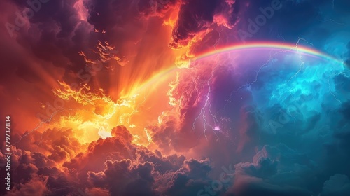 Dramatic Celestial Storm with Radiant Rainbow Illuminating a Turbulent Atmosphere