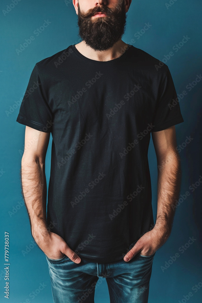 Male model in a classic black cotton T-shirt on a colour background. Shirt Mockup Template Male model in a classic black cotton T-shirt on a colour background. Shirt Mockup Template