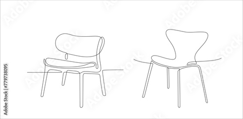 Set of chairs in continuous single line drawing style. Interior element of furniture. One line drawing collection of chairs. Modern furniture editable stroke. Handdraw contour doodle illustration